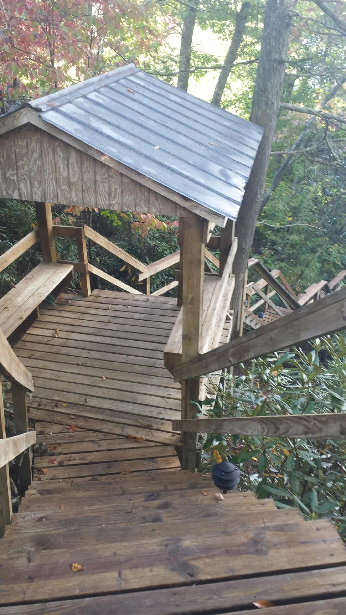 Metal roofed shelter over wooden steps on a wooded walkway — Skylight Repair & Installation work by our crew in Tatums